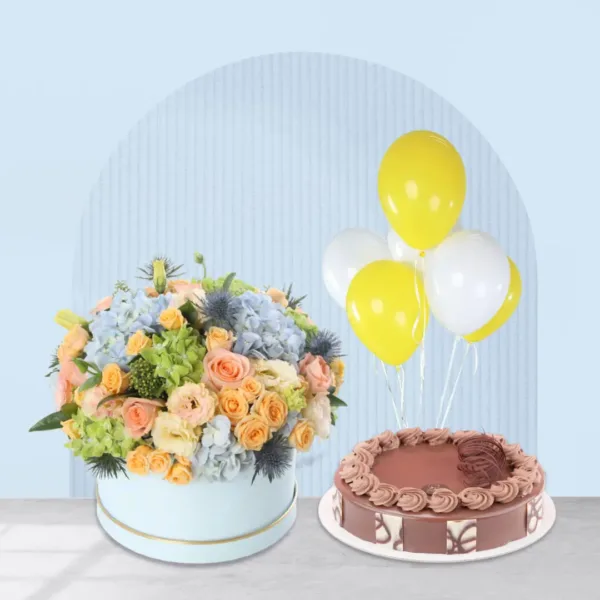 flowers in box with chocolate cake1 Pastel Harmony Posy Box with Cake
