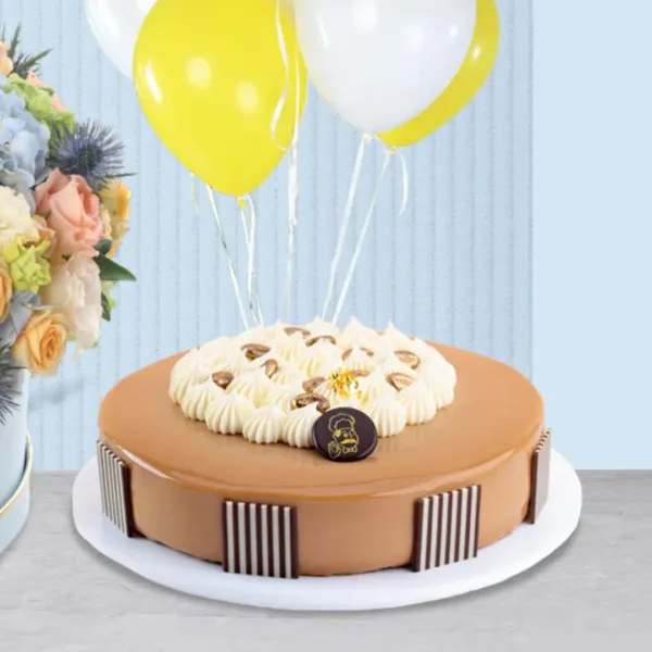 flowers in box with mocha bean cake1 Pastel Harmony Posy Box with Cake
