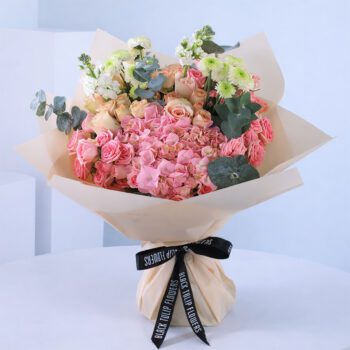 A lovely bouquet featuring a mix of exquisite pink flowers, elegantly arranged for a luxurious yet subtle appearance.