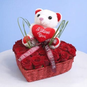 I love red red roses basket with teddy