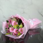 pink gerbera and yellow fillers bouquet 001