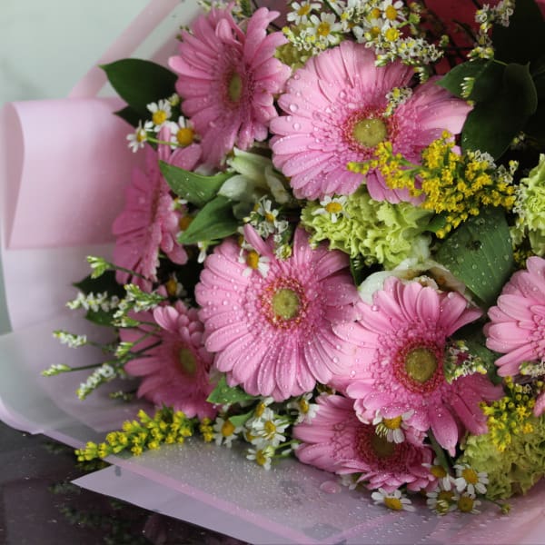 pink gerbera and yellow fillers bouquet 002 Forever Love You Mom
