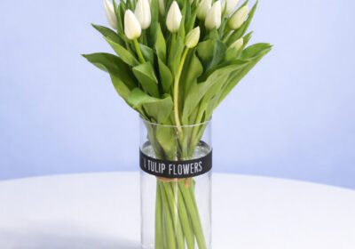 A clear glass vase filled with fresh white tulips, showcasing their elegant petals and green stems.