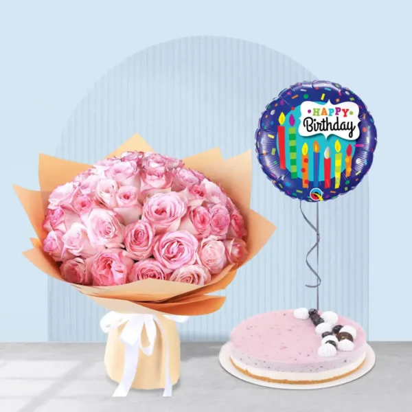 Pink roses with cakes and balloon