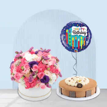 mix flowers in box with cakes and happy birthday balloon