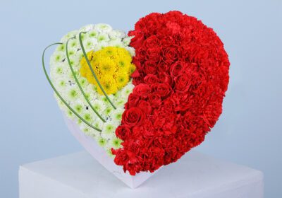 A heart-shaped floral arrangement divided into two sections, one with white chrysanthemums and the other with red carnations.
