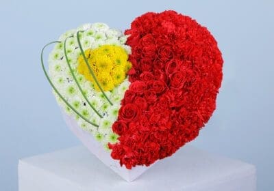 A heart-shaped floral arrangement divided into two sections, one with white chrysanthemums and the other with red carnations.
