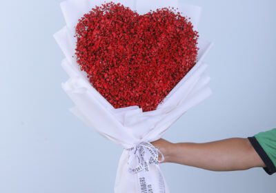 A heart-shaped bouquet made of red gypsophila flowers, wrapped in white paper tied with white ribbon