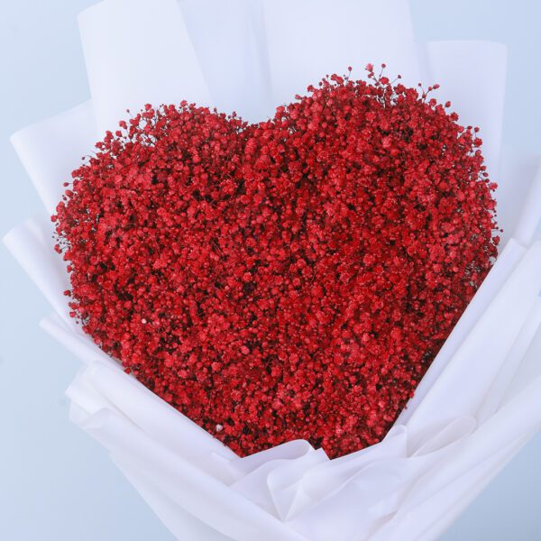 Heart-shaped bouquet made with delicate red Gypsophila flowers.