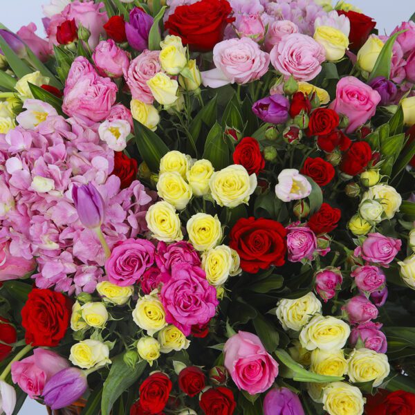 Colorful Bouquet of Pink Hydrangeas, Roses, and Greenery Overflowing from a Basket