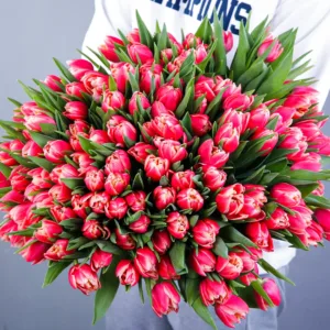 The image shows a large bouquet of pink tulips. The tulips are arranged in a loose, flowing style and held in the hands of a person.