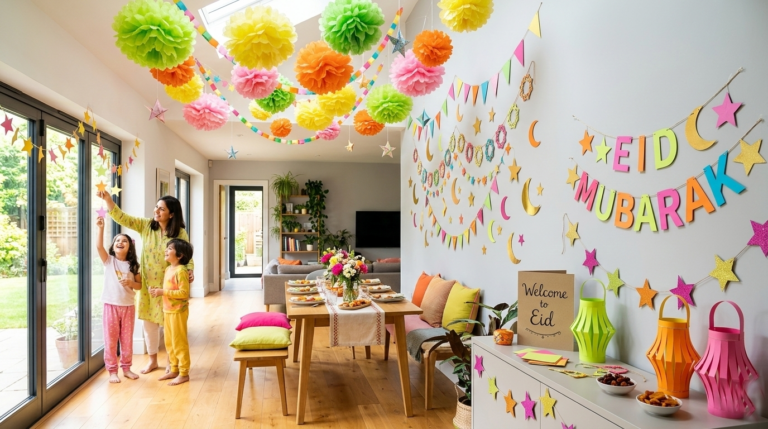 Creative paper crafts for sustainable and green Eid celebration decorations.