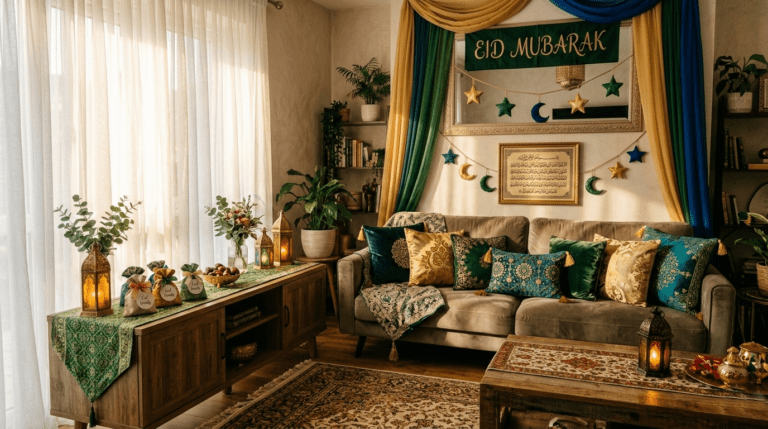 DIY Eid Al-Adha decorations made with colorful fabric for festive home décor.