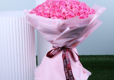 A beautiful blush pink rose bouquet wrapped in a romantic pink wrap, perfect for gifting your loved ones.