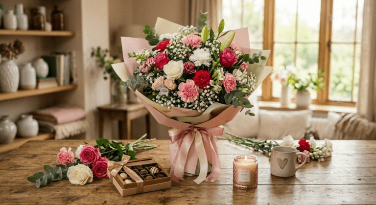 A vibrant bouquet of flowers and a heart-shaped box of chocolates displayed on a table.