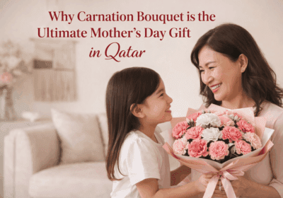 A beautifully wrapped Mother's Day gift featuring flowers and a card, set against a backdrop of traditional Qatari decor.