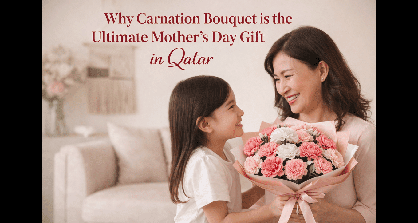 A beautifully wrapped Mother's Day gift featuring flowers and a card, set against a backdrop of traditional Qatari decor.