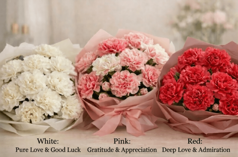 Three types of carnations in various colors, showcasing their unique shapes and vibrant hues.