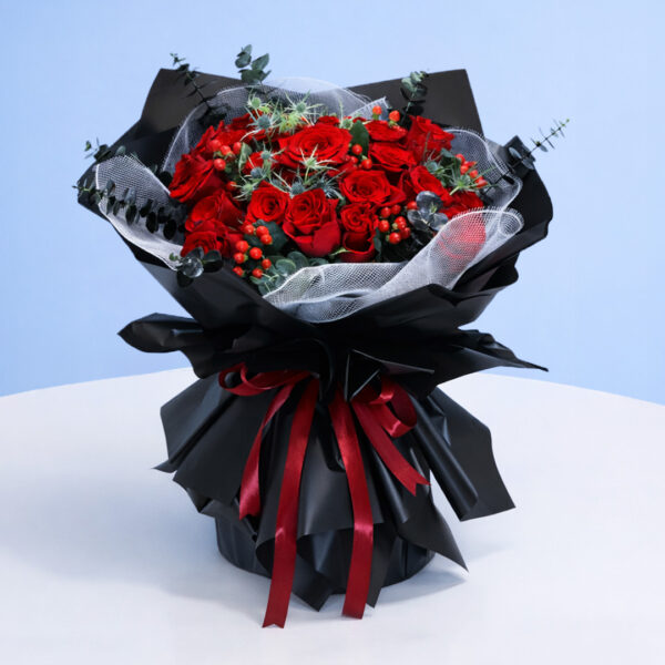 red-hot-bouquet-of-roses-2026 Romantic red roses in a dark wrapped bouquet, perfect for a special occasion.
