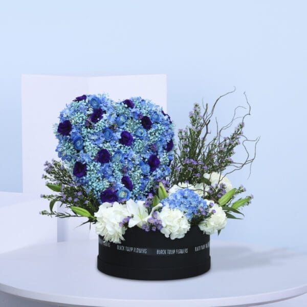 A white box featuring a blue heart design on its surface.
