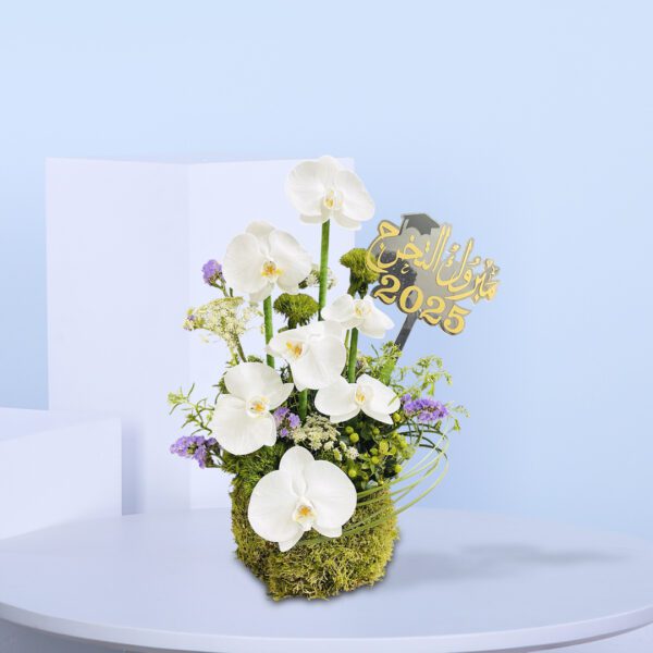 White orchid graduation flower arrangement with Arabic "Congratulations on Graduation 2025" topper, accented with purple, white, and green flowers in a moss base.