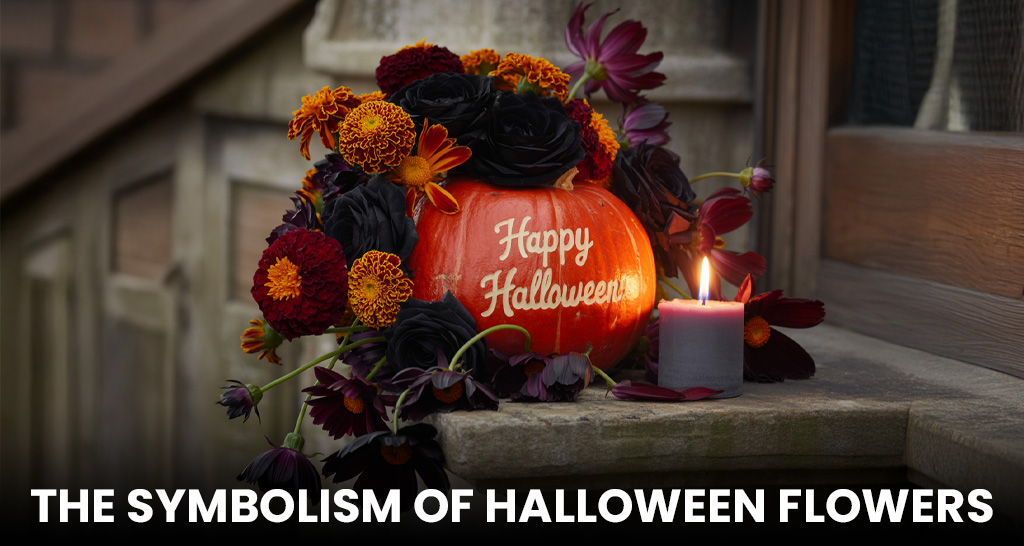 "Spooky Halloween flowers with symbolic meanings – marigolds for remembrance, black roses for mystery, and orange lilies for passion."