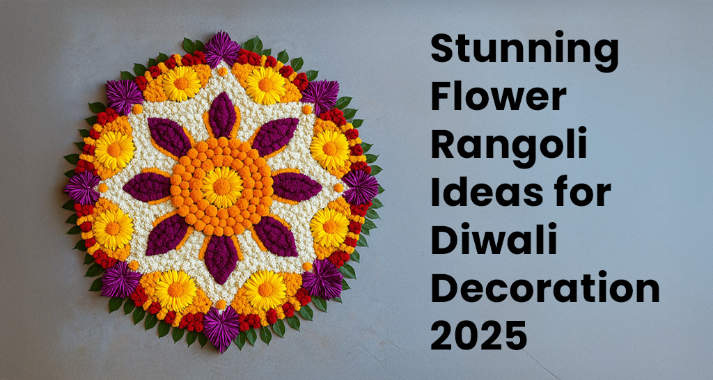 Vibrant Diwali 2025 flower rangoli in Qatar, featuring marigolds, roses, and colorful petals arranged in intricate patterns for festive décor.