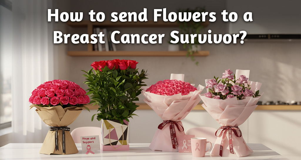 Beautiful flower bouquet being gifted to a breast cancer survivor, symbolizing hope, love, and support.