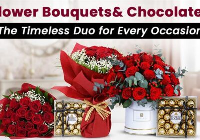 Flower and chocolate gift combo featuring roses and assorted chocolates—classic romantic gift idea.