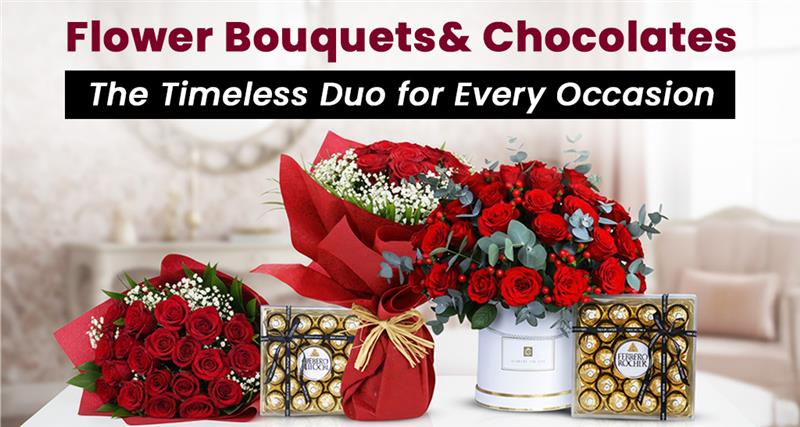 Flower and chocolate gift combo featuring roses and assorted chocolates—classic romantic gift idea.