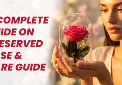 Preserved rose displayed in a glass dome with care tools, illustrating a complete care guide.