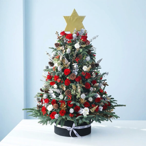 90cm luxury floral Christmas tree with red roses, pinecones, ornaments, and festive greenery.