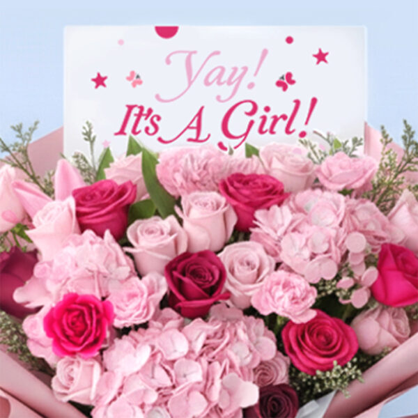 Pink baby girl bouquet with roses, hydrangeas, carnations, and “It’s a Girl” card.
