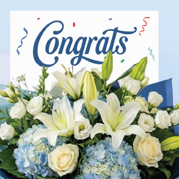 Congrats bouquet with lilies, white roses, blue hydrangeas, and blue wrapping with ribbon.