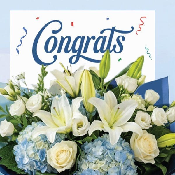 02 Congrats bouquet with lilies, white roses, blue hydrangeas, and blue wrapping with ribbon.