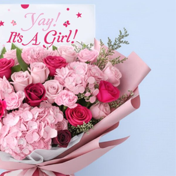 03 Pink baby girl bouquet with roses, hydrangeas, carnations, and “It’s a Girl” card.