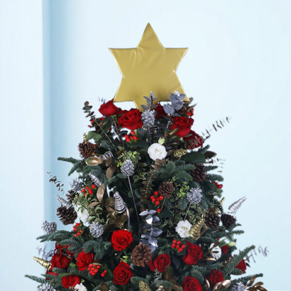 90cm luxury floral Christmas tree with red roses, pinecones, ornaments, and festive greenery.