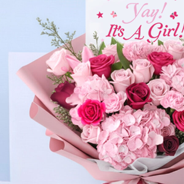 Pink baby girl bouquet with roses, hydrangeas, carnations, and “It’s a Girl” card.
