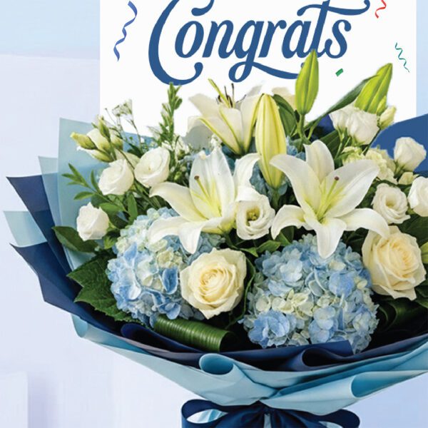 Congrats bouquet with lilies, white roses, blue hydrangeas, and blue wrapping with ribbon.