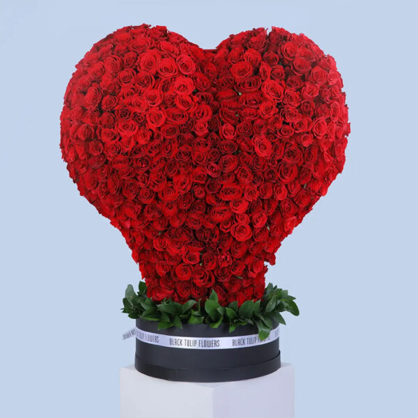 700-red-roses-heart-arrangement. 700 red roses in a heart-shaped luxury hatbox arrangement