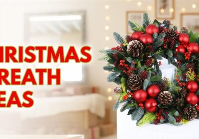 “A beautifully crafted Christmas wreath decorated with lush greenery, pinecones, red berries, and a festive ribbon, showcasing expert design ideas for holiday wreath styling.”