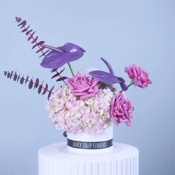 Hydrangea Anthurium Rose Flower Box Bouquet with pink hydrangea, purple anthurium, lavender roses and eucalyptus in a luxury white flower box.