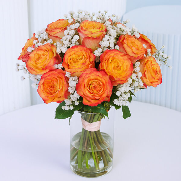 double-orange-roses-glass-vase-arrangement. 20 double orange roses with baby’s breath in a clear glass vase.