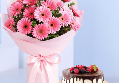 Hand-tied pink gerbera flowers with leaves in blush wrap, paired with a 1 Kg chocolate-glazed soufflé cake topped with berries.