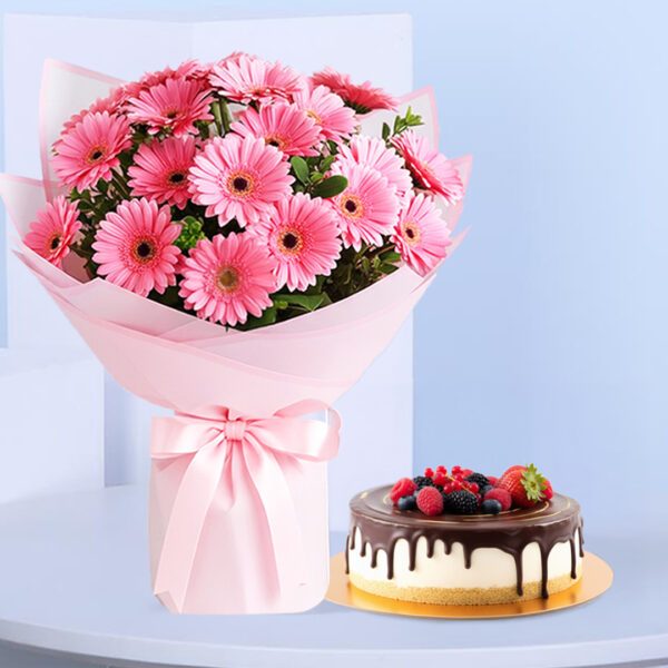 pink-gerbera-bouquet-souffle-cake-combo. Hand-tied pink gerbera flowers with leaves in blush wrap, paired with a 1 Kg chocolate-glazed soufflé cake topped with berries.