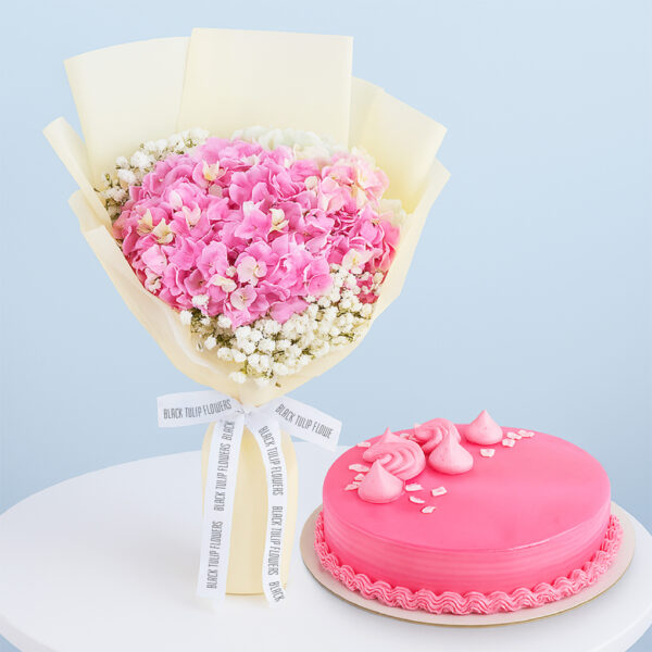 pink-hydrangea-strawberry-cake-combo Pink hydrangeas with fillers in elegant wrap, paired with a 1 kg strawberry-flavoured cake.