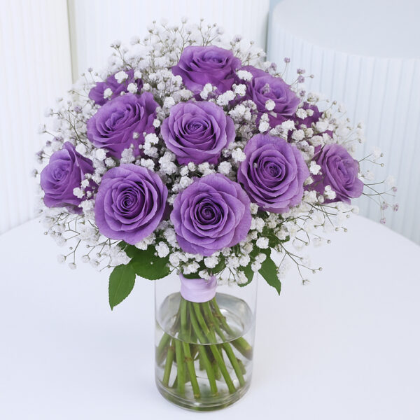 purple-roses-in-glass-vase 20 purple roses and baby’s breath in a clear glass vase arrangement, with a blank message card.