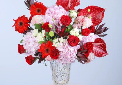 Pink hydrangeas, red anthuriums, red roses, red gerberas and white filler blooms in a clear glass vase arrangement