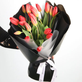 A bouquet of 20 red tulips, wrapped in black with a ribbon.