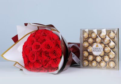 30 red roses in elegant wrapping plus a Ferrero Rocher chocolate box